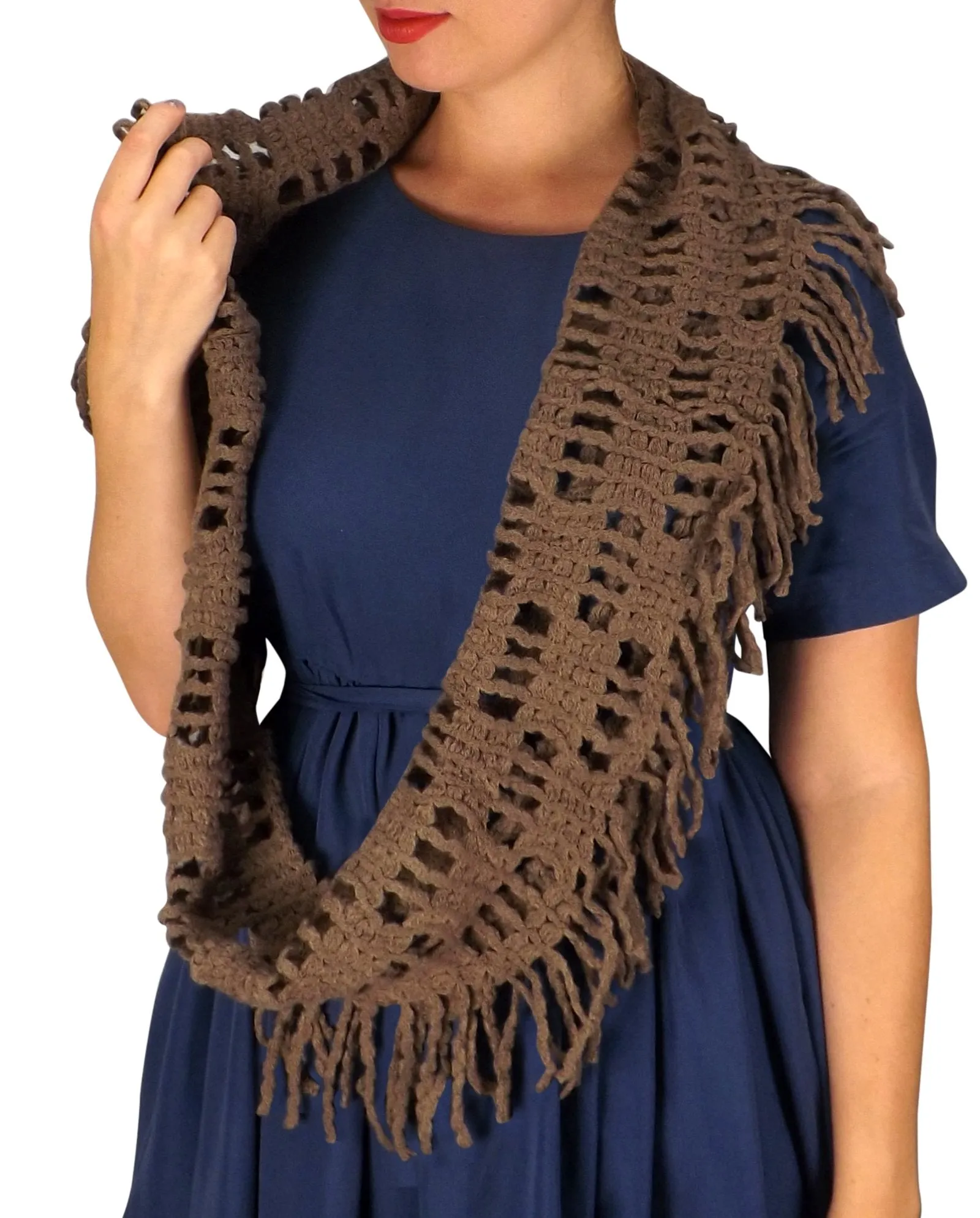 Winter Knitted Rectangular Pattern Long Fringe Warm Infinity Loop Scarf