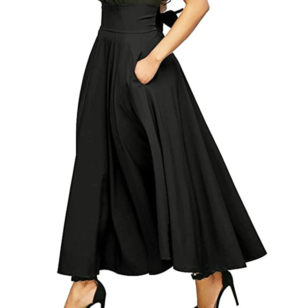 Women High Waist Pleated Belted  Vintage Maxi Skirt