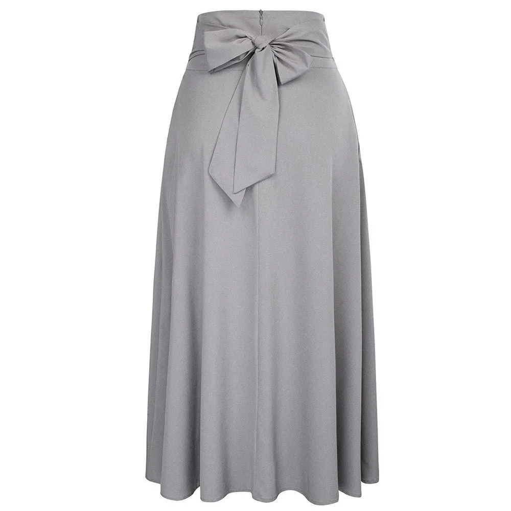 Women High Waist Pleated Belted  Vintage Maxi Skirt