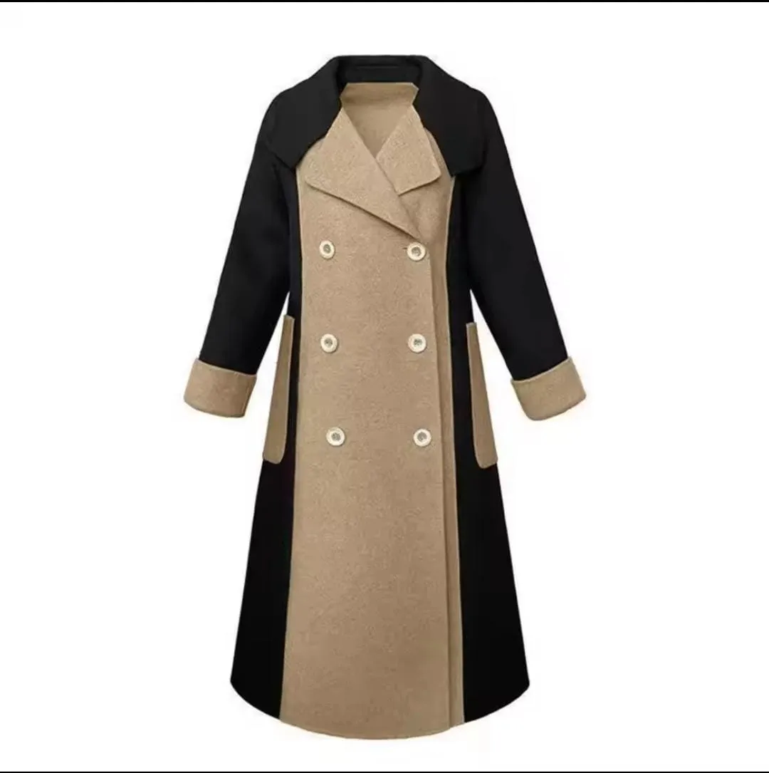 Women's Color Matching Double Breasted Mid-Length Winter Coat S4578965 2XL