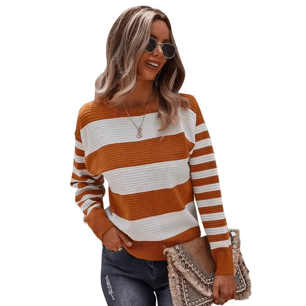 Women's Long Sleeve Crew Neck Sweater Striped Tops - D8032