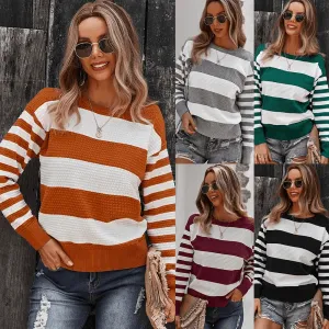 Women's Long Sleeve Crew Neck Sweater Striped Tops - D8032