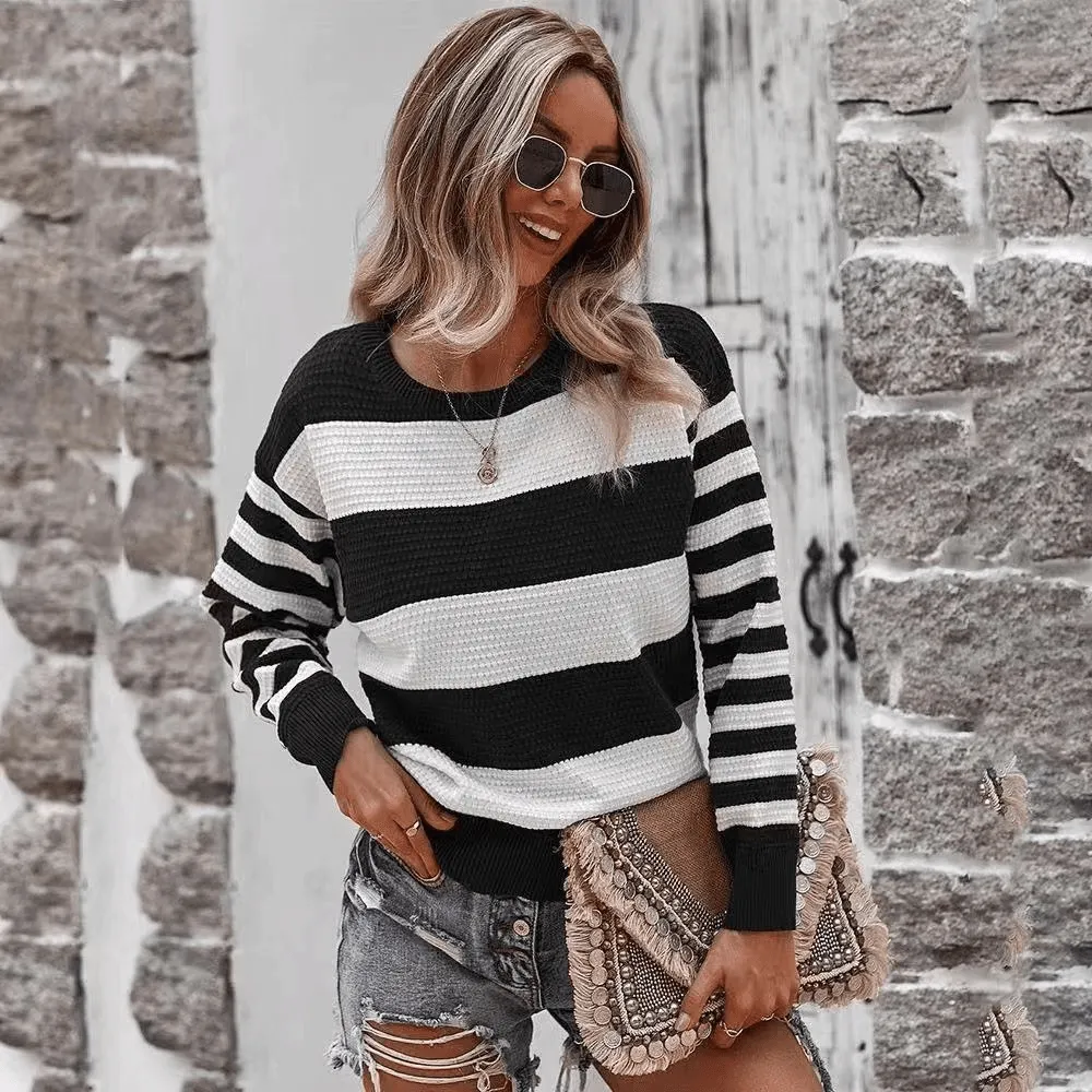 Women's Long Sleeve Crew Neck Sweater Striped Tops - D8032