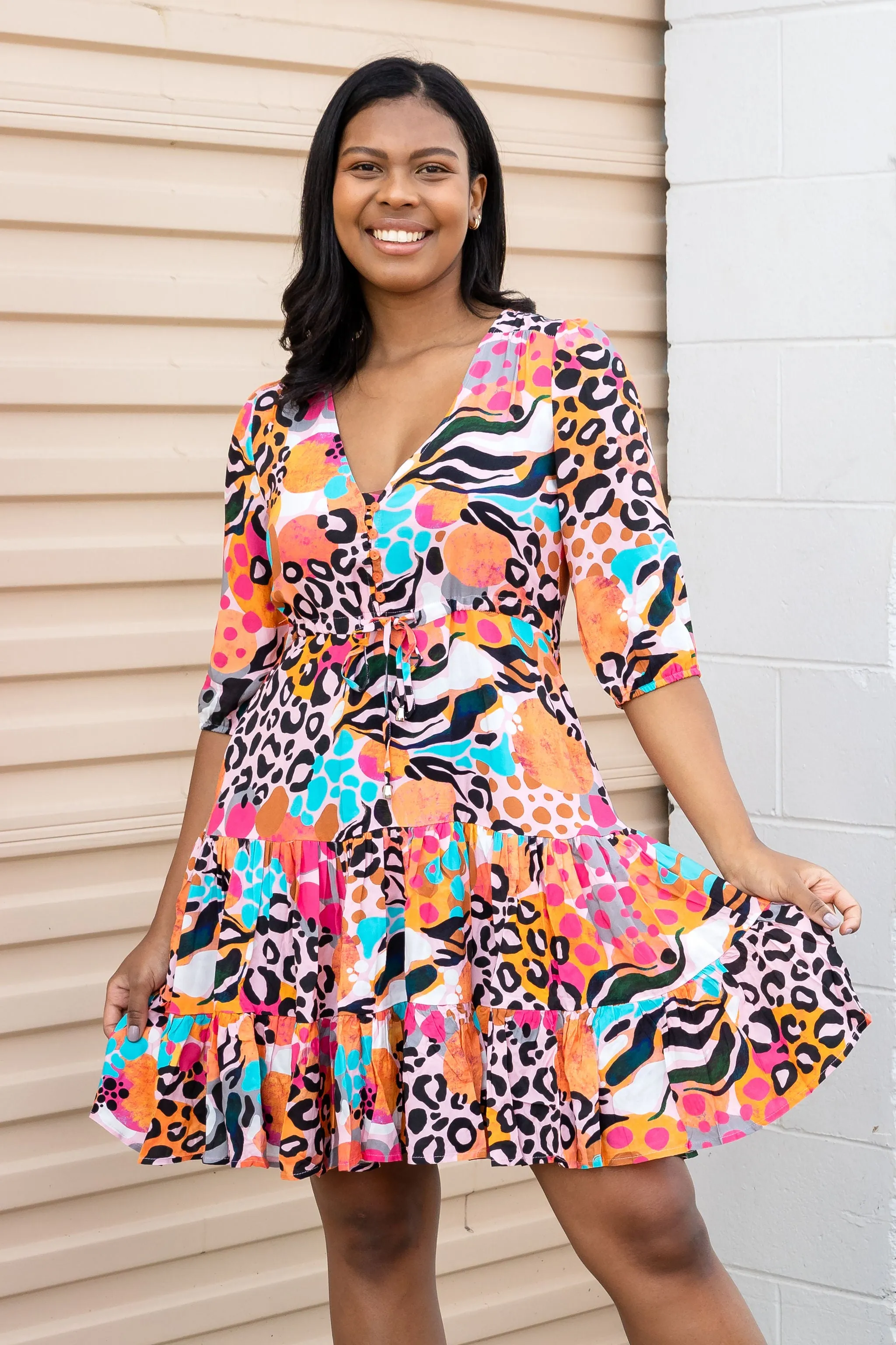 Ziggy Tiered Dress in Kasey Rainbow Winter Fierce